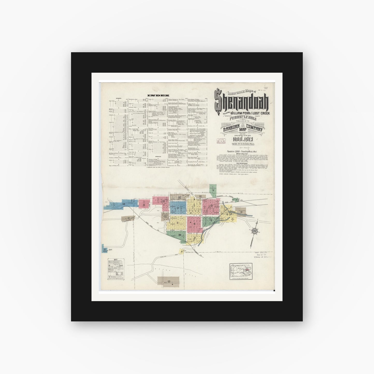 Old map wall art mockup — black gallery frame with white mat — Sanborn Fire Insurance Map from Shenandoah, Schuylkill County, Pennsylvania (1913) - Complete Map Set