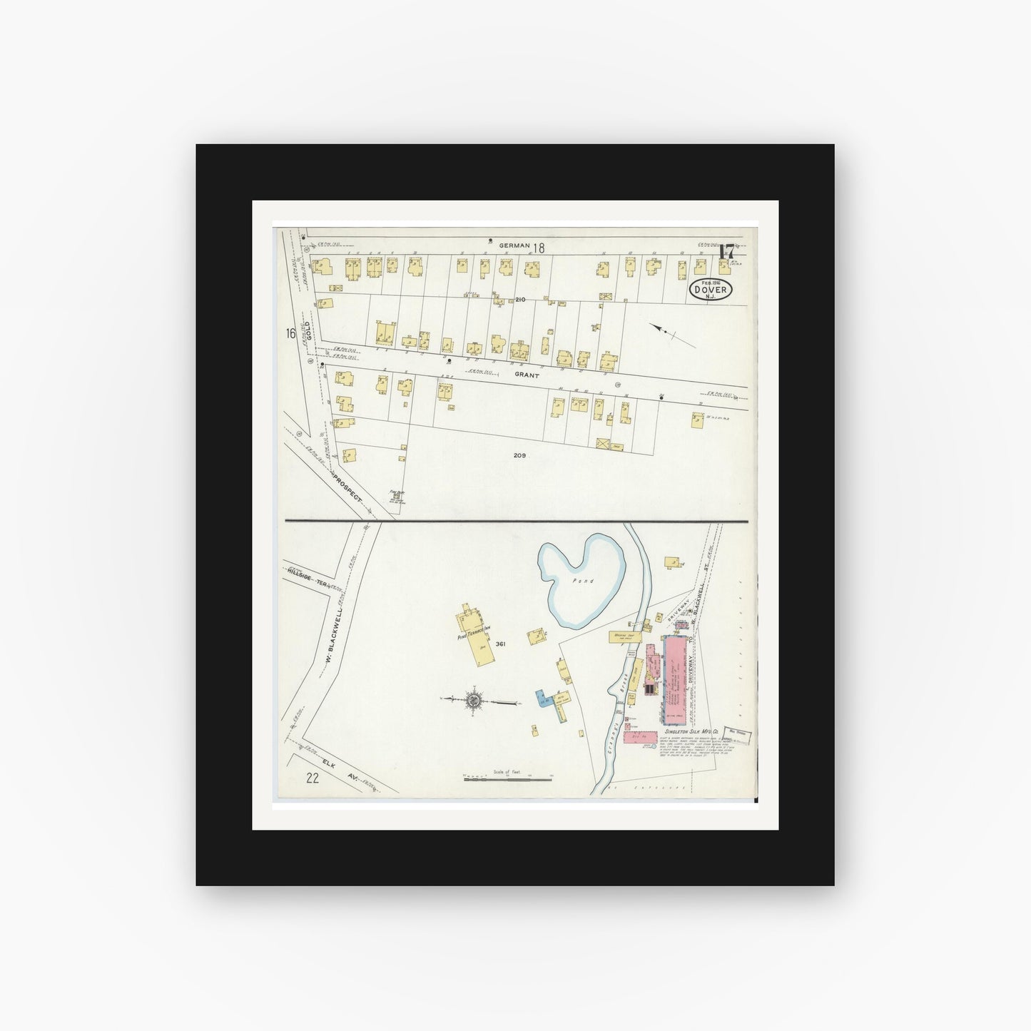 Old map wall art mockup — black gallery frame with white mat — Sanborn Fire Insurance Map from Dover, Morris County, New Jersey (1916), Sheet #0017