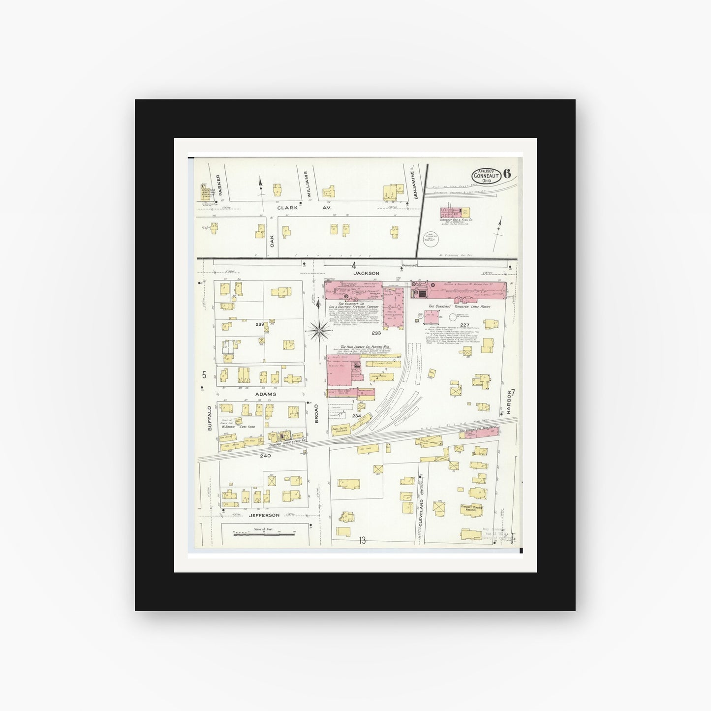 Old map wall art mockup — black gallery frame with white mat — Sanborn Fire Insurance Map from Conneaut, Ashtabula County, Ohio (1909), Sheet #0006