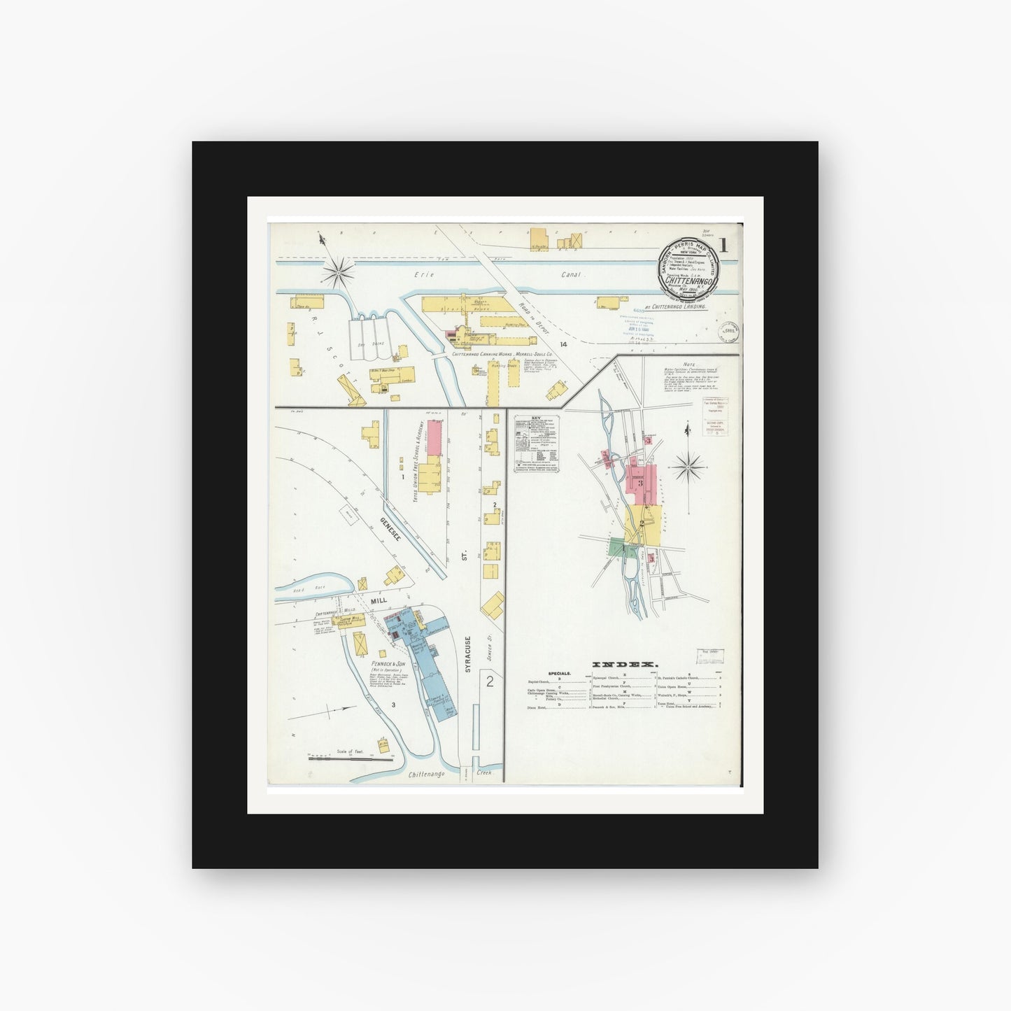 Old map wall art mockup — black gallery frame with white mat — Sanborn Fire Insurance Map from Chittenango, Madison County, New York (1900) - Complete Map Set