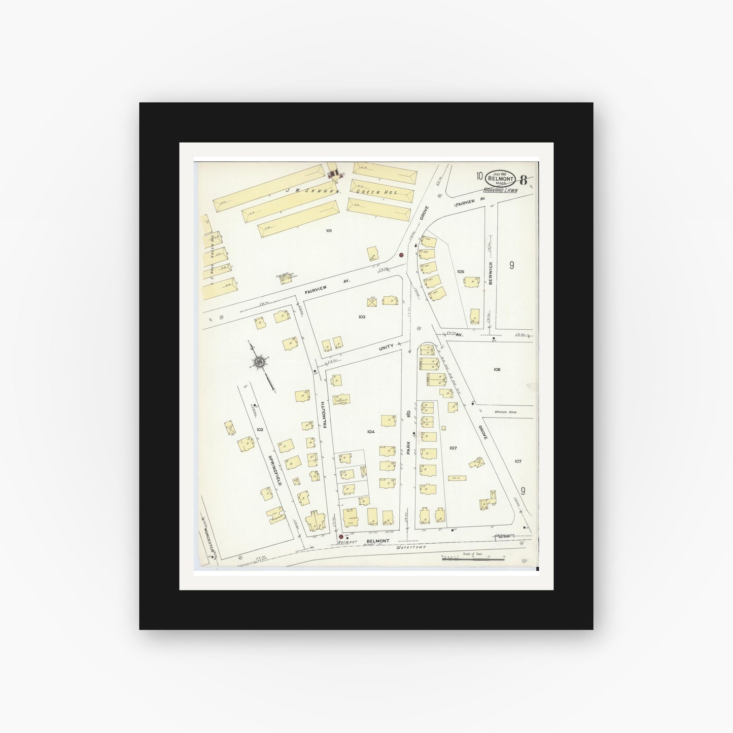 Old map wall art mockup — black gallery frame with white mat — Sanborn Fire Insurance Map from Belmont, Middlesex County, Massachusetts (1910), Sheet #0008