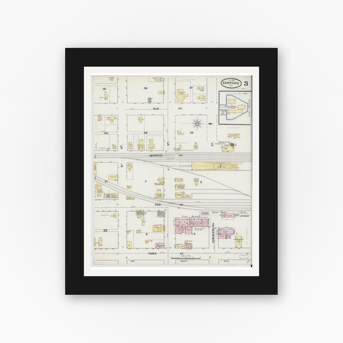 Old map wall art mockup — black gallery frame with white mat — Sanborn Fire Insurance Map from Sanford, Seminole County, Florida (1890), Sheet #0003