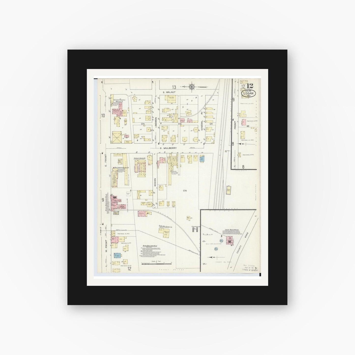 Old map wall art mockup — black gallery frame with white mat — Sanborn Fire Insurance Map from Logan, Hocking County, Ohio (1914), Sheet #0012