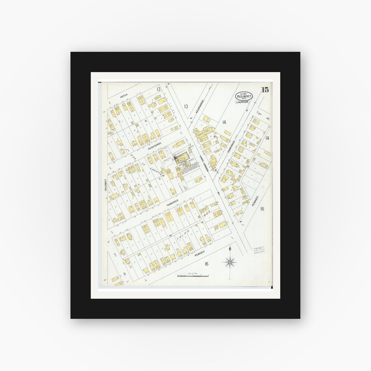 Old map wall art mockup — black gallery frame with white mat — Sanborn Fire Insurance Map from Red Jacket, Houghton County, Michigan (1900), Sheet #0015