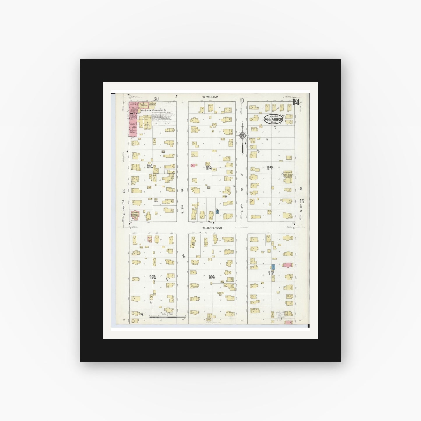 Old map wall art mockup — black gallery frame with white mat — Sanborn Fire Insurance Map from Ann Arbor, Washtenaw County, Michigan (1916), Sheet #0014