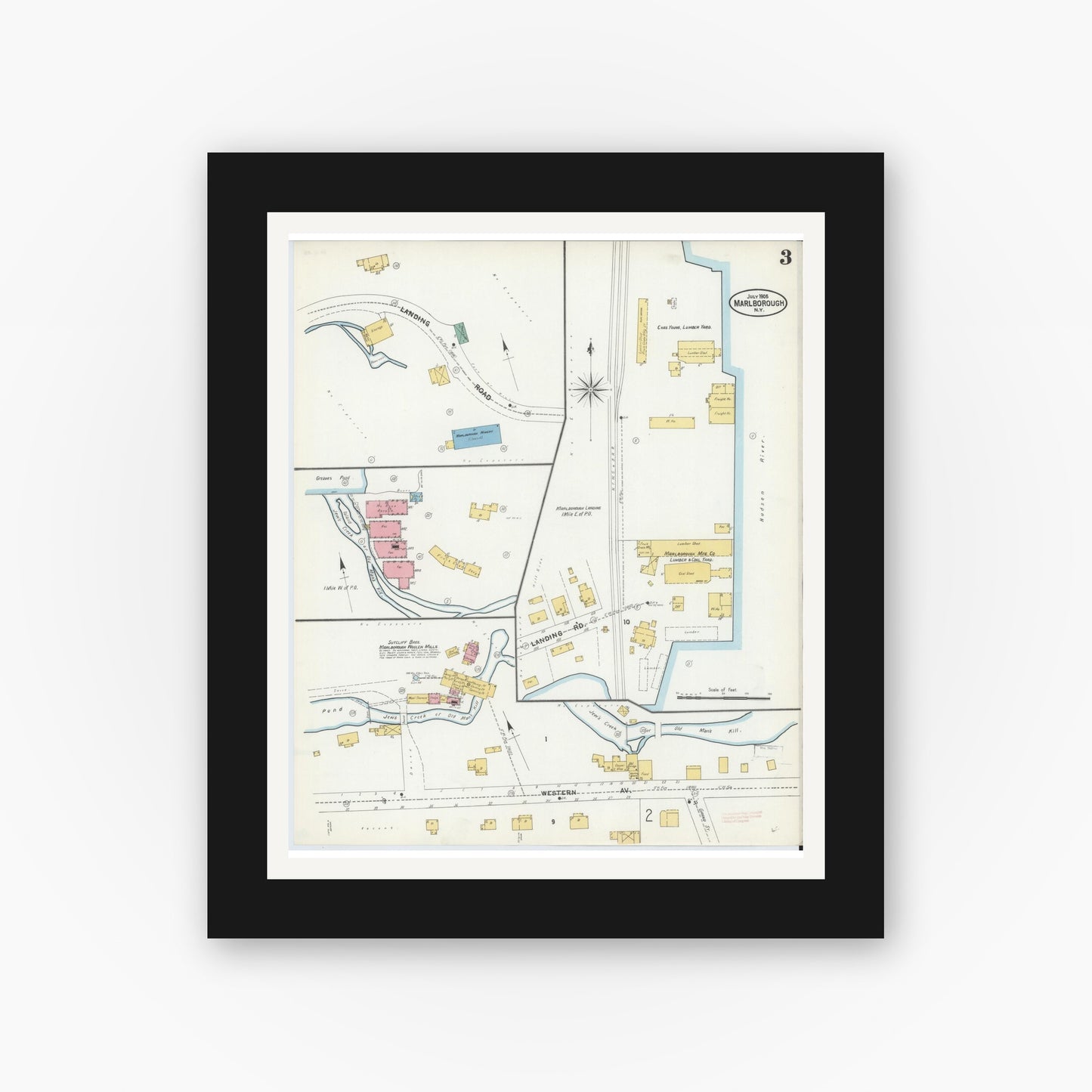 Old map wall art mockup — black gallery frame with white mat — Sanborn Fire Insurance Map from Marlborough, Ulster County, New York (1905), Sheet #0003