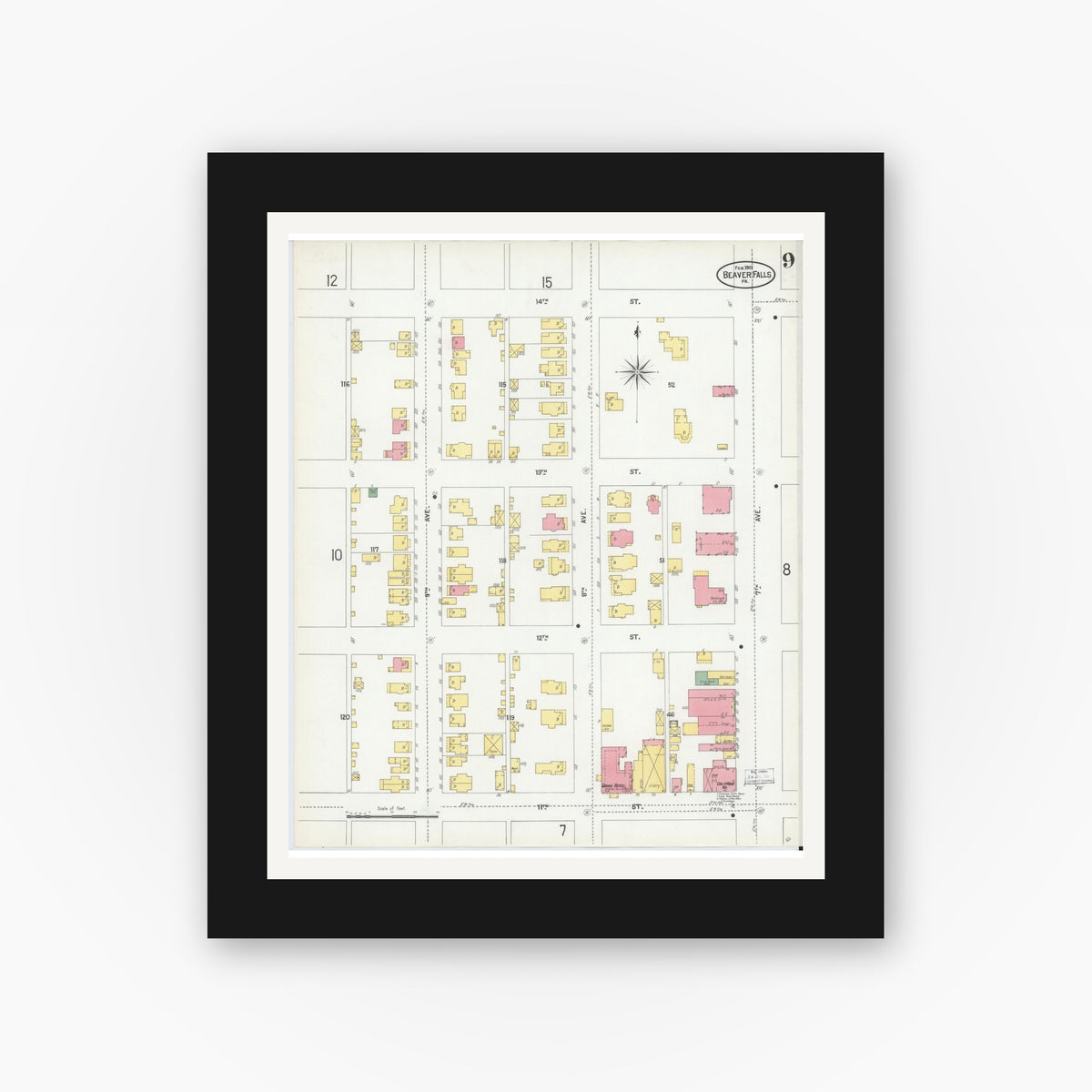 Old map wall art mockup β black gallery frame with white mat β Sanborn Fire Insurance Map from Beaver Falls, Beaver County, Pennsylvania (1901), Sheet #0009