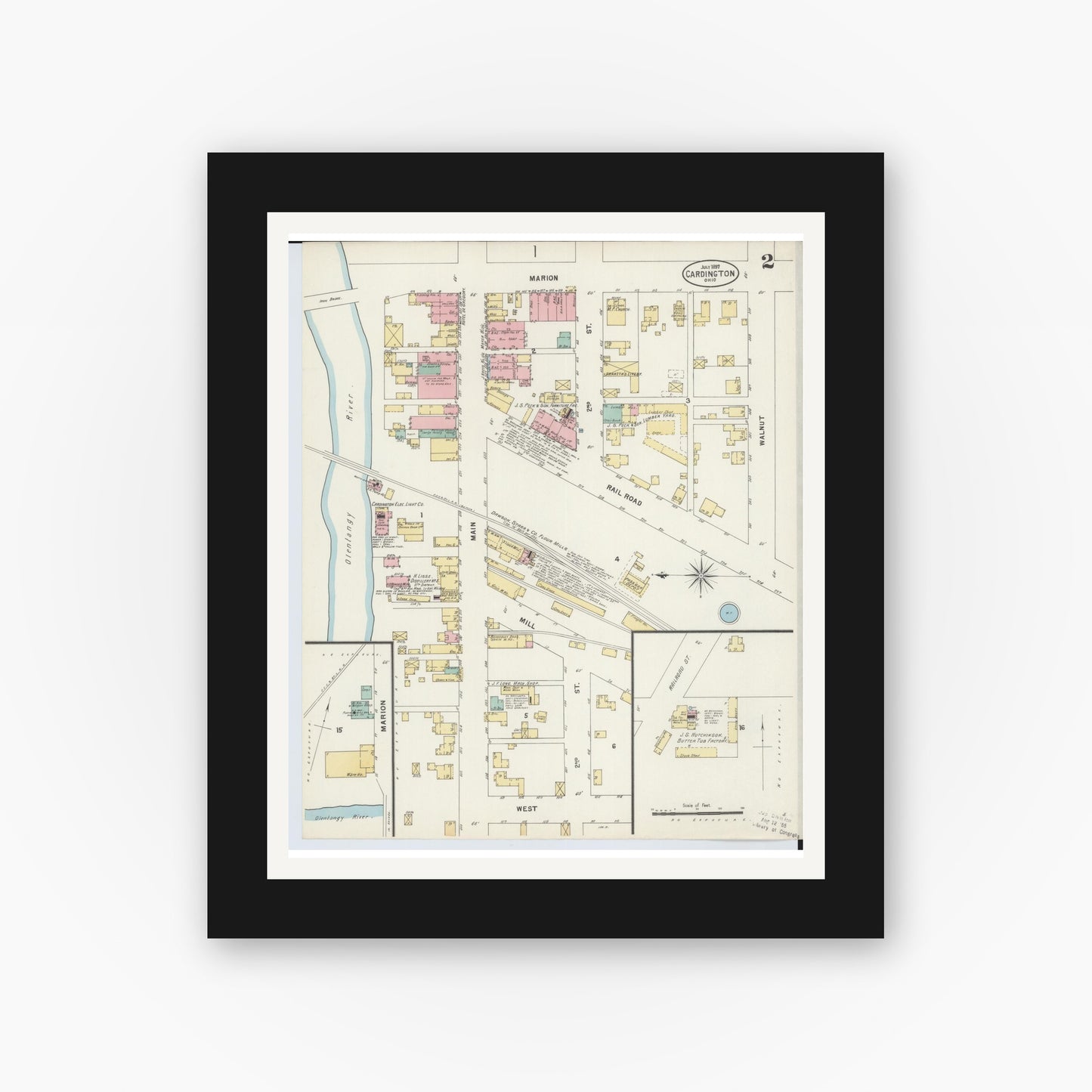 Old map wall art mockup — black gallery frame with white mat — Sanborn Fire Insurance Map from Cardington, Morrow County, Ohio (1897), Sheet #0002
