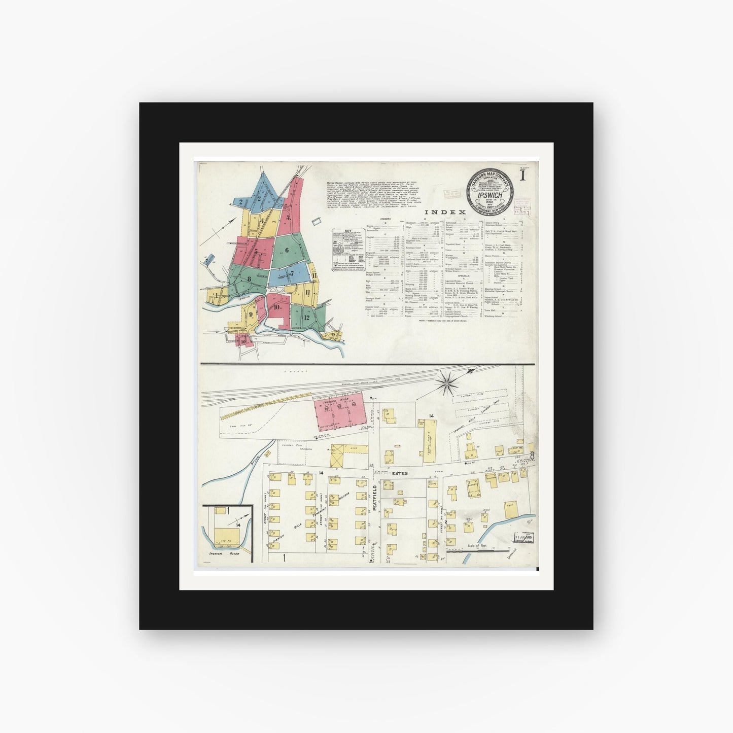 Old map wall art mockup — black gallery frame with white mat — Sanborn Fire Insurance Map from Ipswich, Essex County, Massachusetts (1907), Sheet #0001