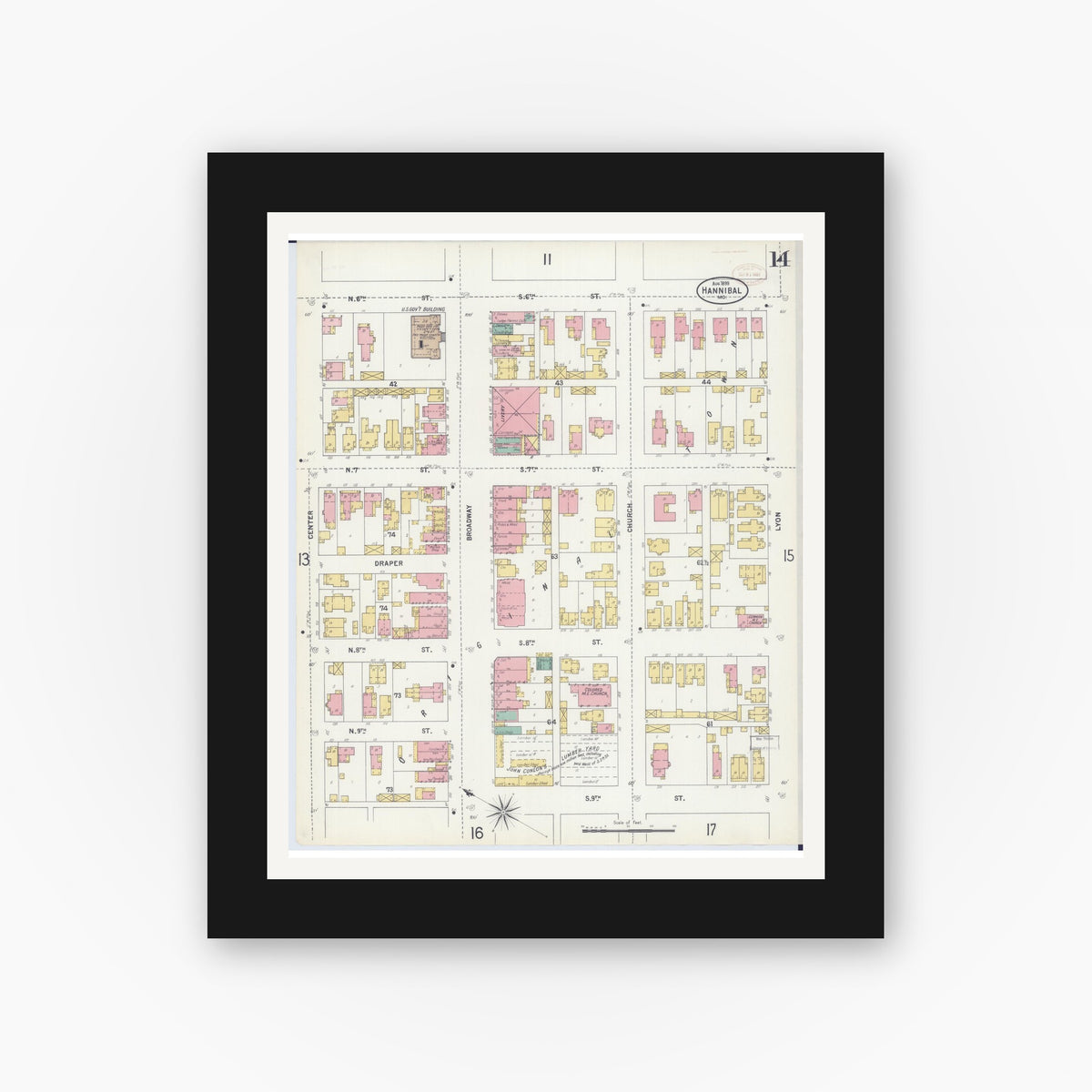 Old map wall art mockup — black gallery frame with white mat — Sanborn Fire Insurance Map from Hannibal, Marion County, Missouri (1899), Sheet #0014