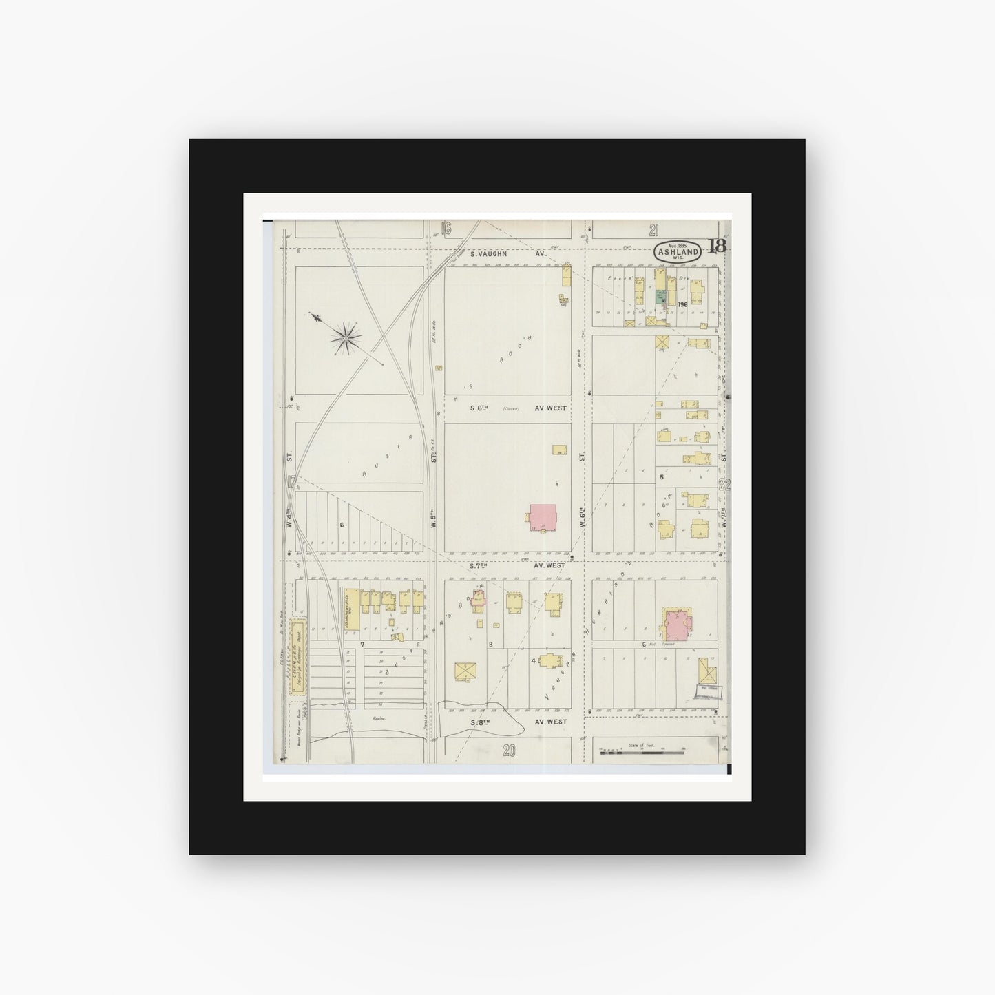 Old map wall art mockup — black gallery frame with white mat — Sanborn Fire Insurance Map from Ashland, Ashland County, Wisconsin (1895), Sheet #0018