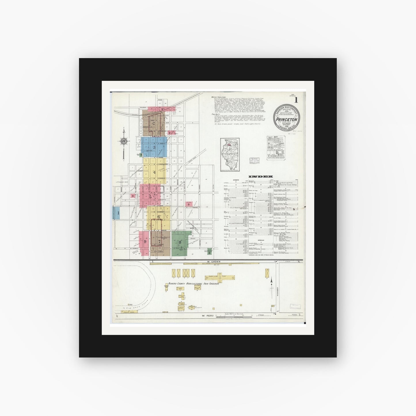 Old map wall art mockup — black gallery frame with white mat — Sanborn Fire Insurance Map from Princeton, Bureau County, Illinois (1918) - Complete Map Set