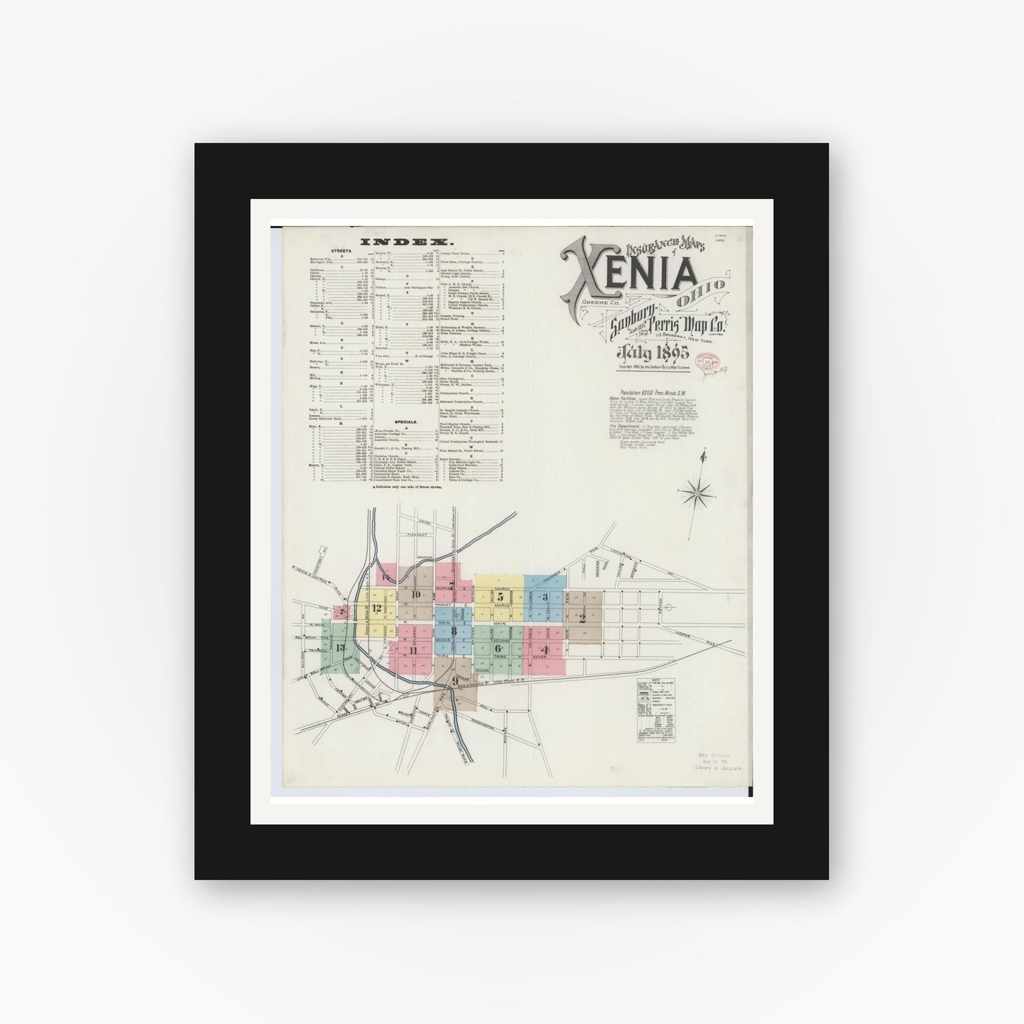 Old map wall art mockup — black gallery frame with white mat — Sanborn Fire Insurance Map from Xenia, Greene County, Ohio (1895) - Complete Map Set
