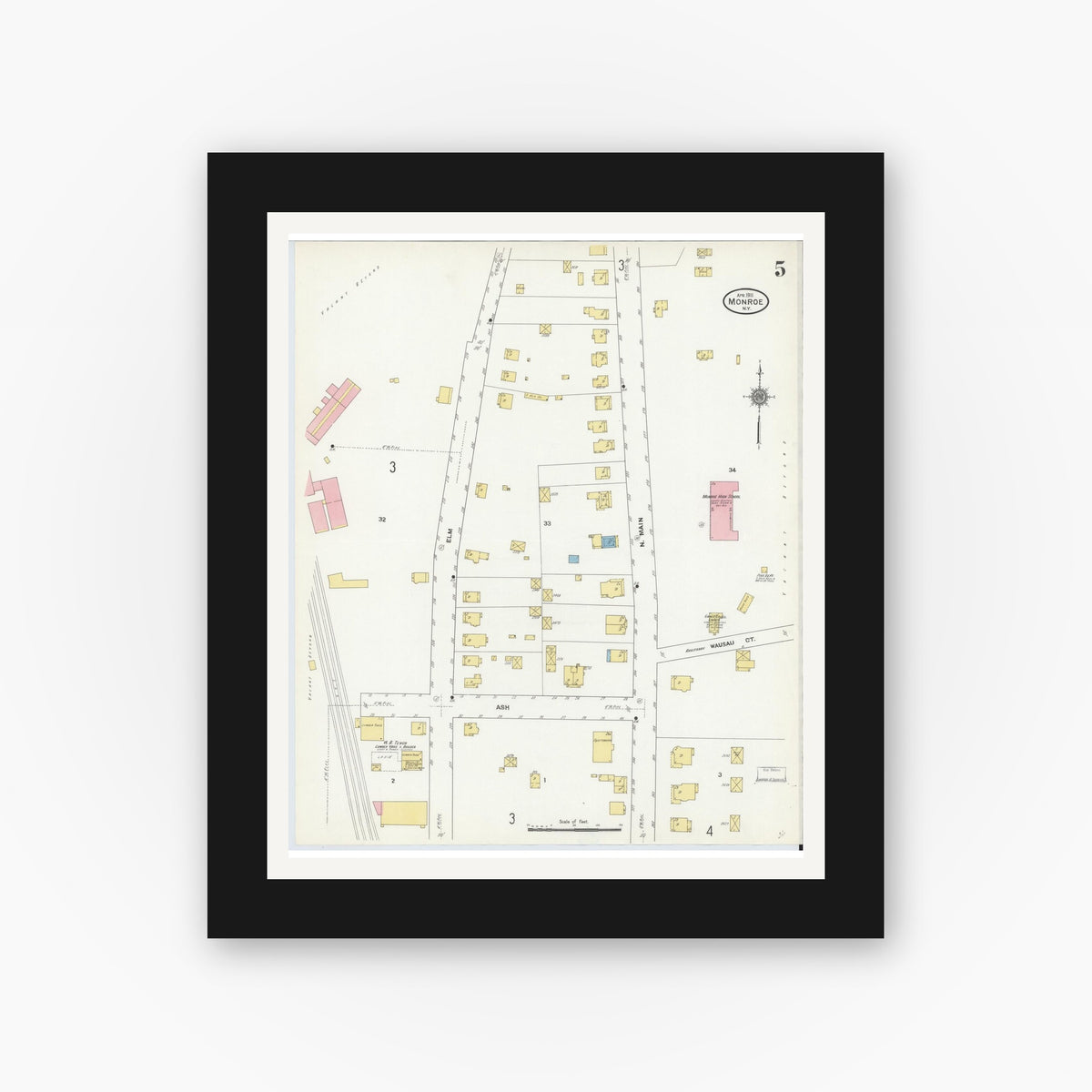 Old map wall art mockup — black gallery frame with white mat — Sanborn Fire Insurance Map from Monroe, Orange County, New York (1911), Sheet #0005