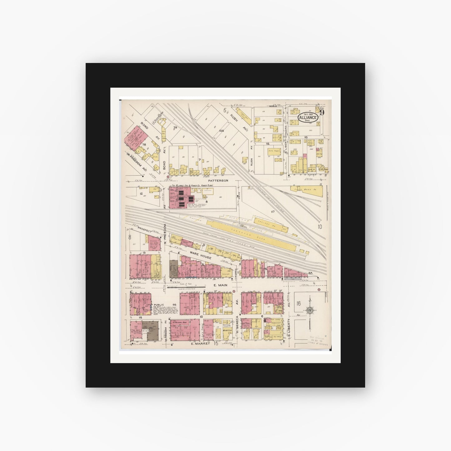 Old map wall art mockup — black gallery frame with white mat — Sanborn Fire Insurance Map from Alliance, Stark County, Ohio (1921), Sheet #0009