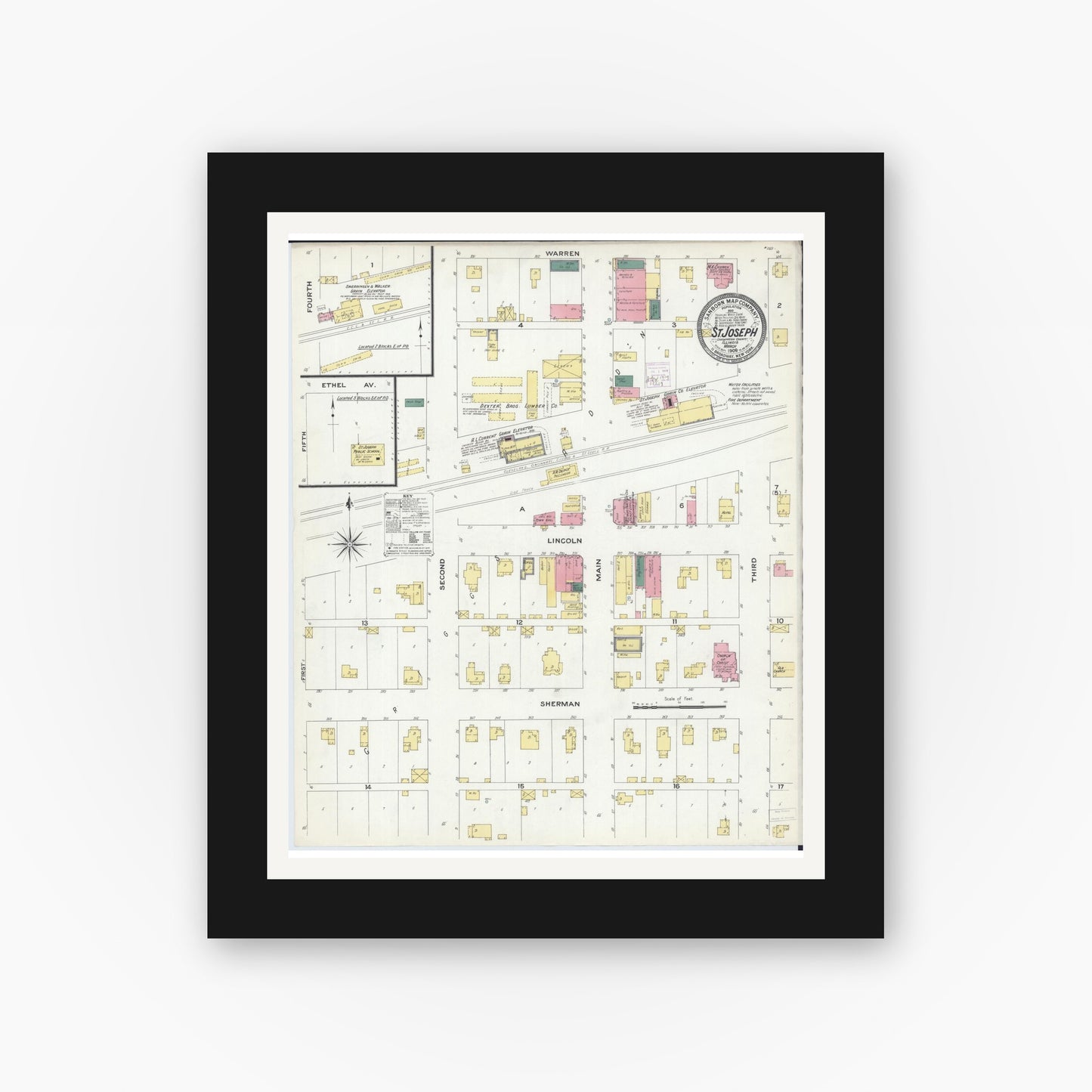 Old map wall art mockup — black gallery frame with white mat — Sanborn Fire Insurance Map from Saint Joseph, Champaign County, Illinois (1909), Sheet #0001
