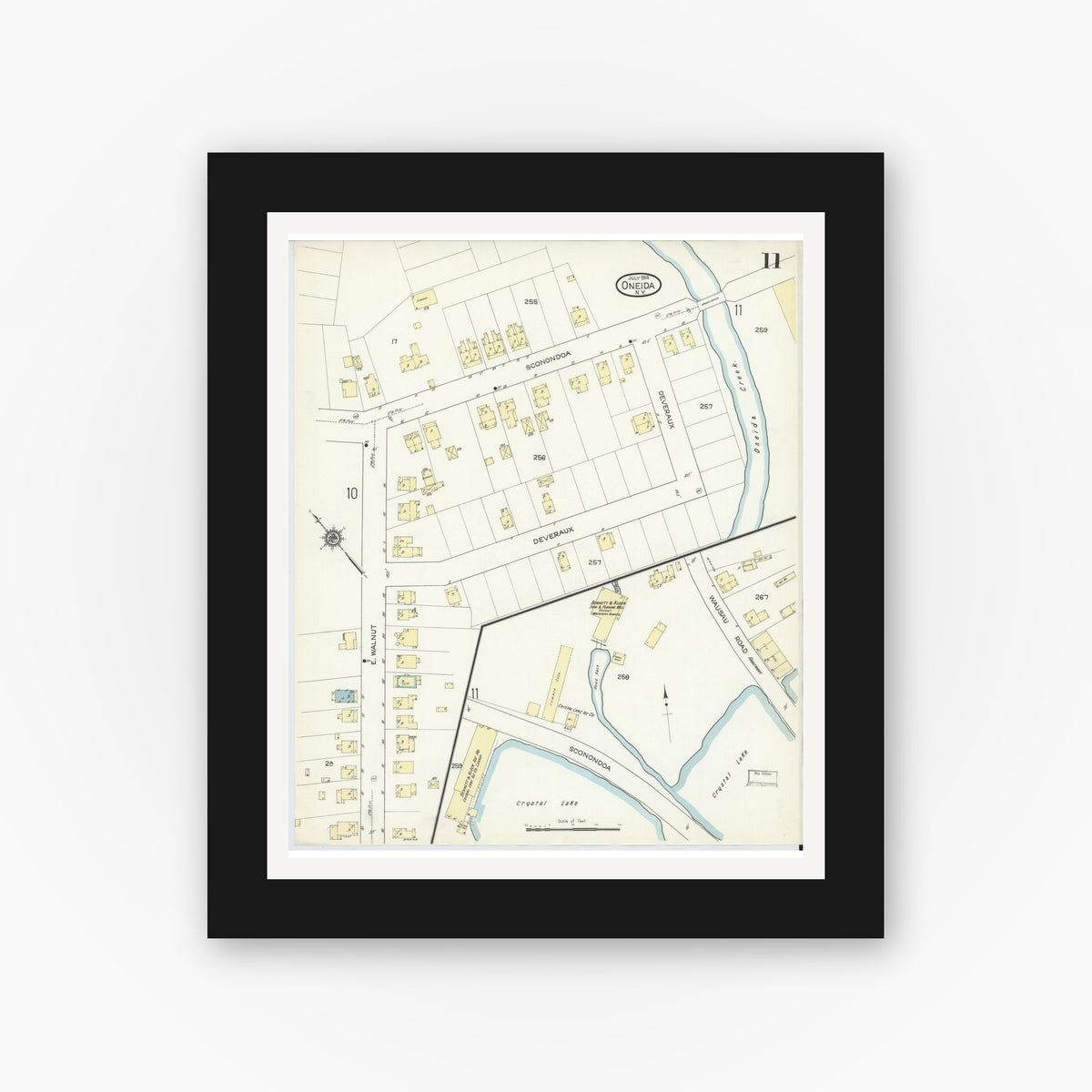 Old map wall art mockup — black gallery frame with white mat — Sanborn Fire Insurance Map from Oneida, Madison County, New York (1914), Sheet #0011