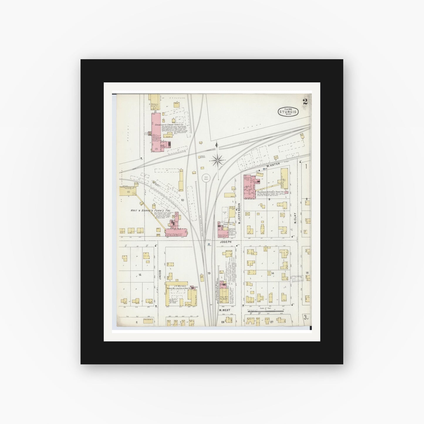 Old map wall art mockup — black gallery frame with white mat — Sanborn Fire Insurance Map from Sturgis, Saint Joseph County, Michigan (1895), Sheet #0002