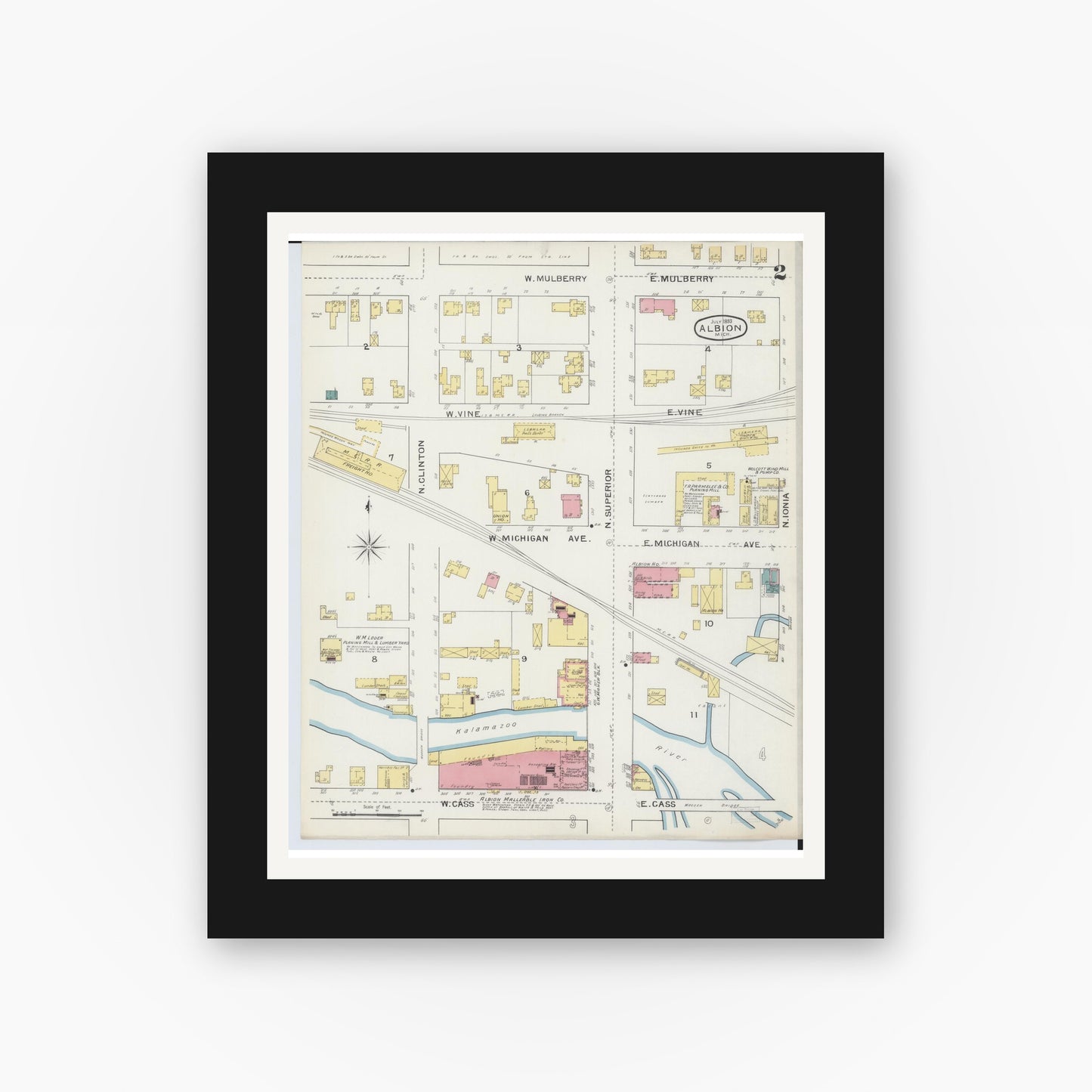 Old map wall art mockup — black gallery frame with white mat — Sanborn Fire Insurance Map from Albion, Calhoun County, Michigan (1893), Sheet #0002