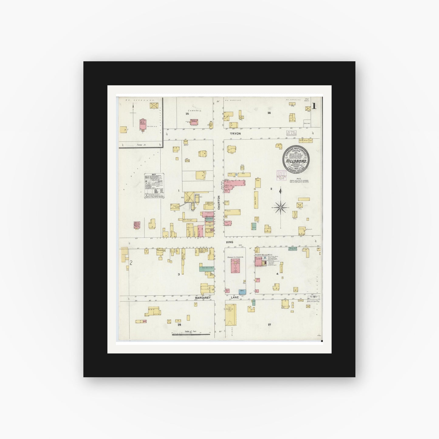 Old map wall art mockup — black gallery frame with white mat — Sanborn Fire Insurance Map from Hillsboro, Orange County, North Carolina (1905), Sheet #0001
