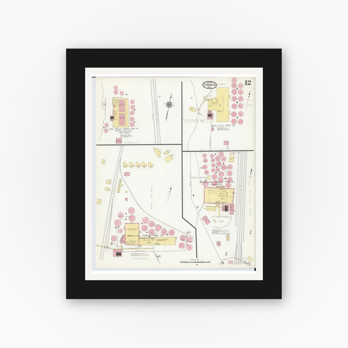 Old map wall art mockup — black gallery frame with white mat — Sanborn Fire Insurance Map from Toronto, Jefferson County, Ohio (1911), Sheet #0012