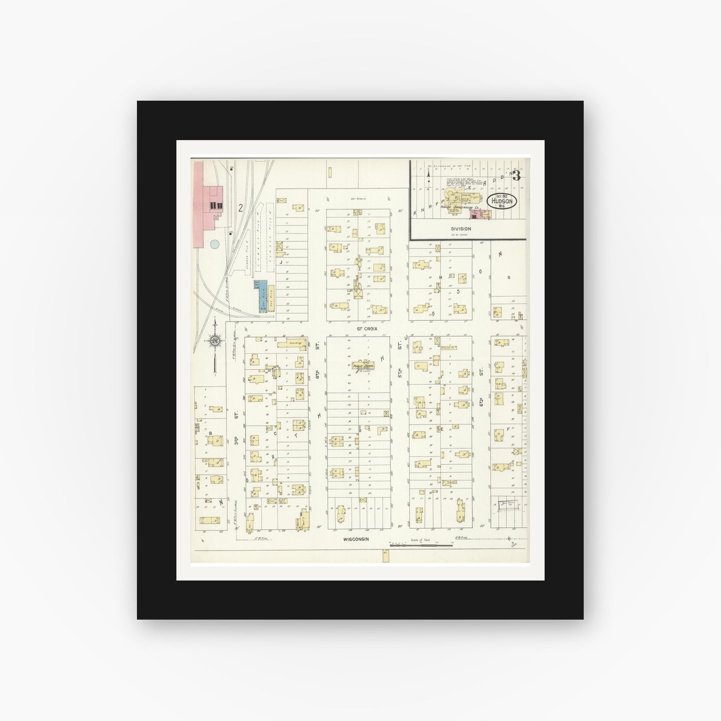 Old map wall art mockup — black gallery frame with white mat — Sanborn Fire Insurance Map from Hudson, St. Croix County, Wisconsin (1912), Sheet #0003