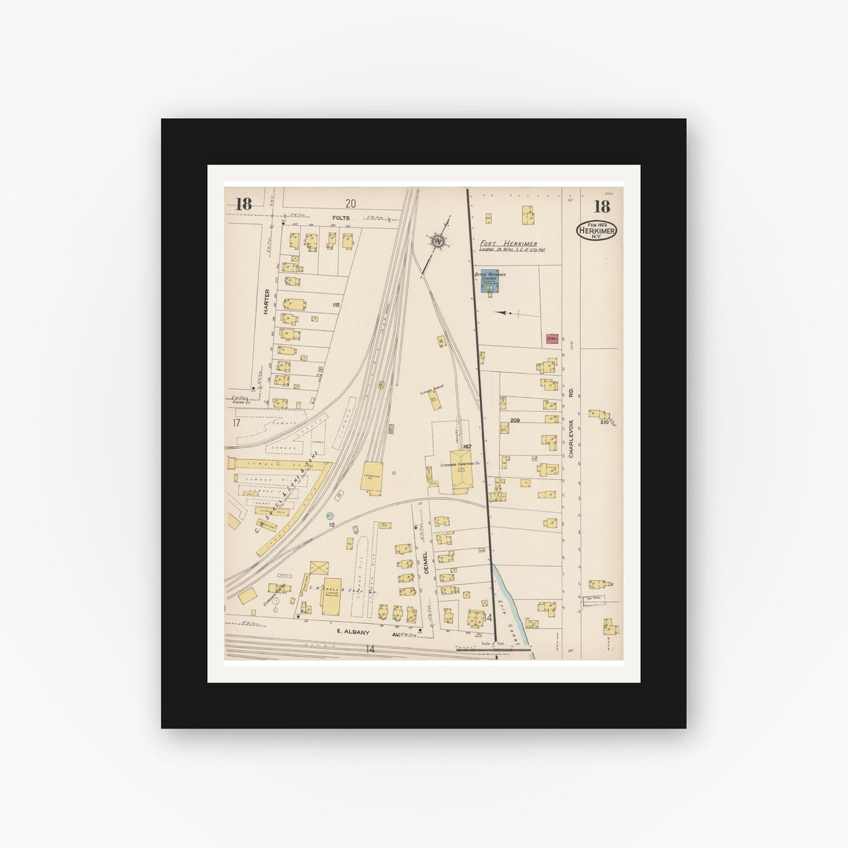 Old map wall art mockup — black gallery frame with white mat — Sanborn Fire Insurance Map from Herkimer, Herkimer County, New York (1923), Sheet #0018