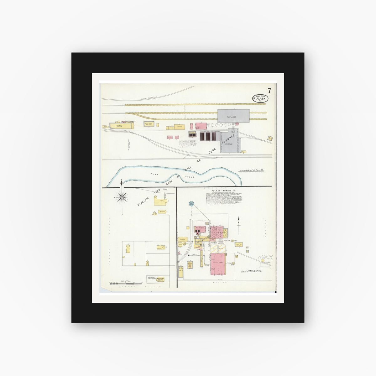 Old map wall art mockup — black gallery frame with white mat — Sanborn Fire Insurance Map from Pulaski, Pulaski County, Virginia (1908), Sheet #0007