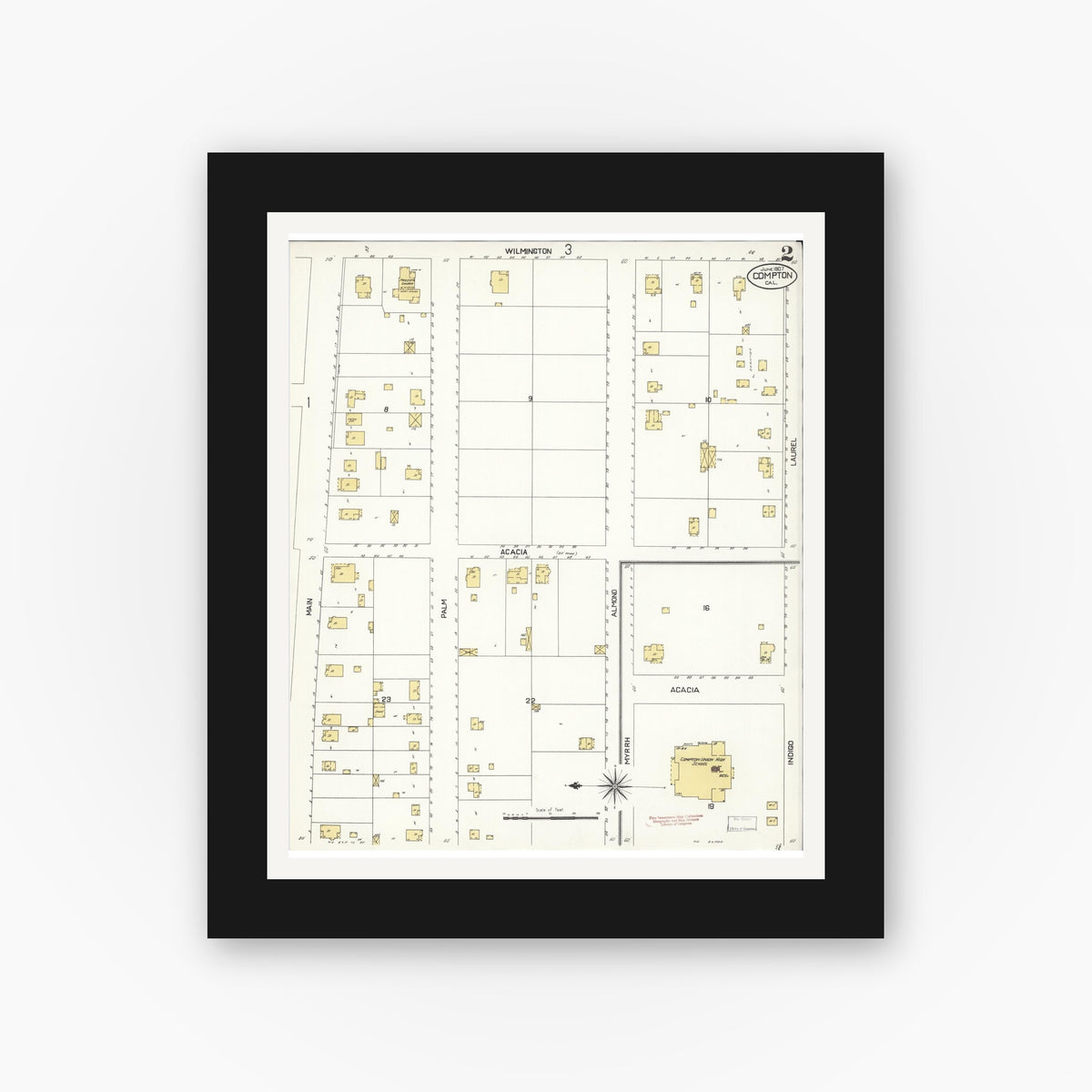 Old map wall art mockup — black gallery frame with white mat — Sanborn Fire Insurance Map from Compton, Los Angeles County, California (1907), Sheet #0002