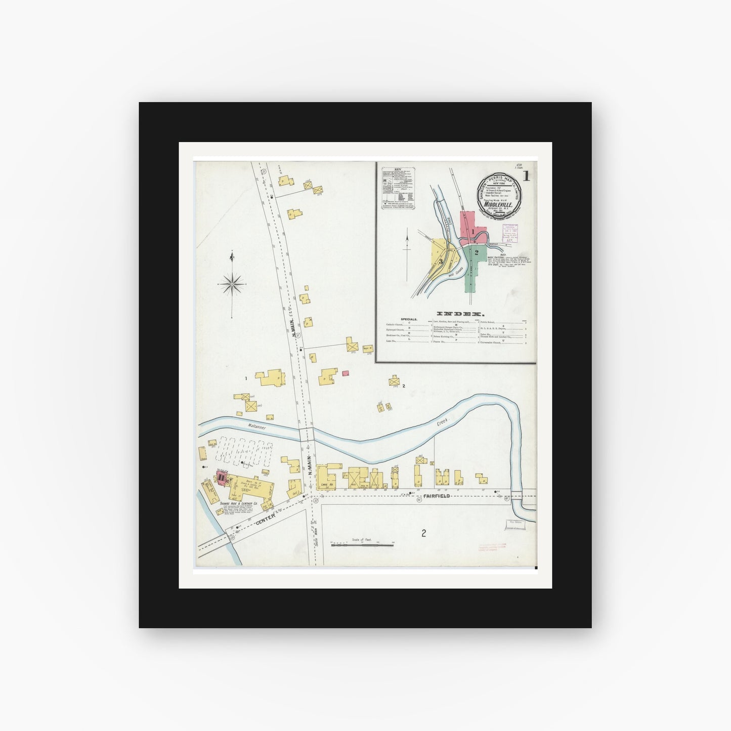 Old map wall art mockup — black gallery frame with white mat — Sanborn Fire Insurance Map from Middleville, Herkimer County, New York (1901) - Complete Map Set
