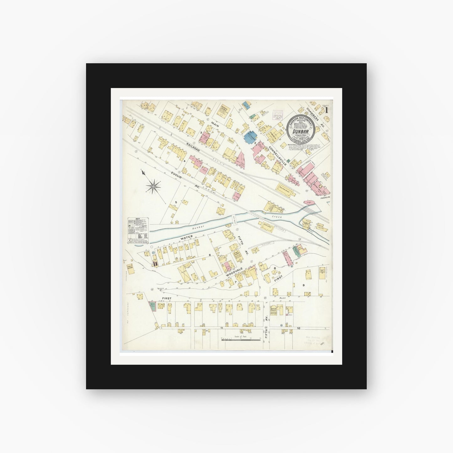 Old map wall art mockup — black gallery frame with white mat — Sanborn Fire Insurance Map from Dunbar, Fayette County, Pennsylvania (1908) - Complete Map Set