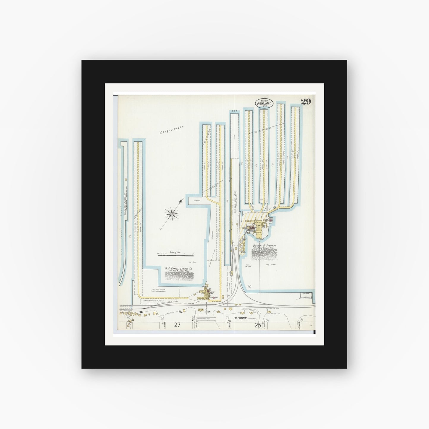 Old map wall art mockup — black gallery frame with white mat — Sanborn Fire Insurance Map from Ashland, Ashland County, Wisconsin (1901), Sheet #0029