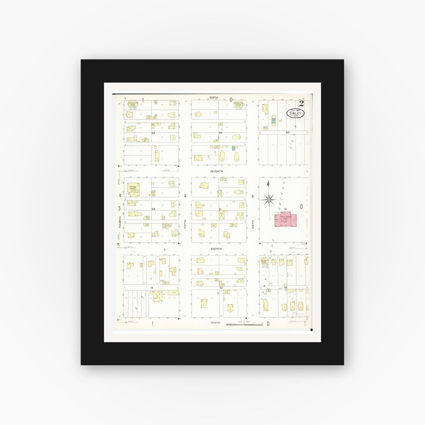 Old map wall art mockup β black gallery frame with white mat β Sanborn Fire Insurance Map from Sibley, Osceola County, Iowa (1907), Sheet #0002