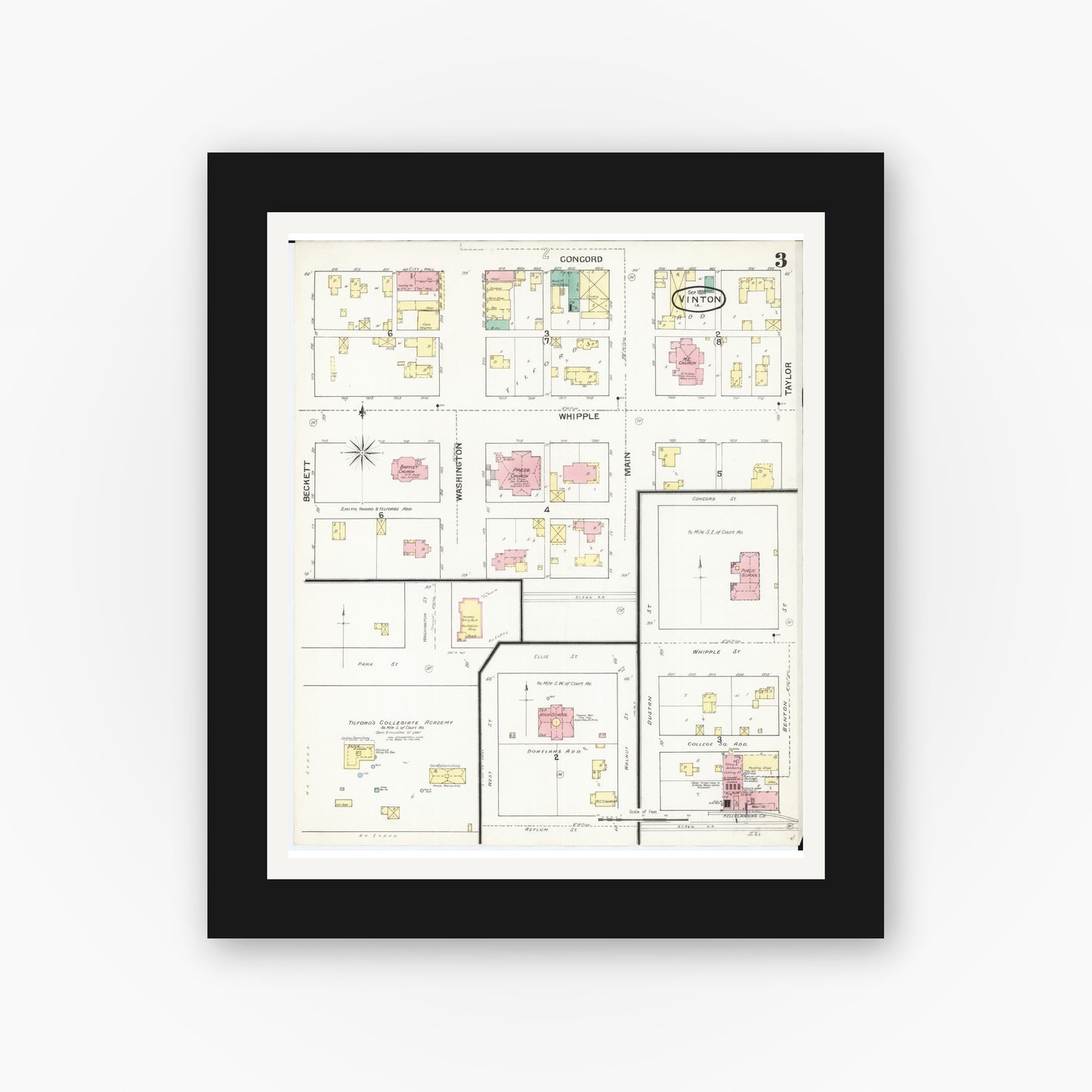 Old map wall art mockup — black gallery frame with white mat — Sanborn Fire Insurance Map from Vinton, Benton County, Iowa (1892), Sheet #0003