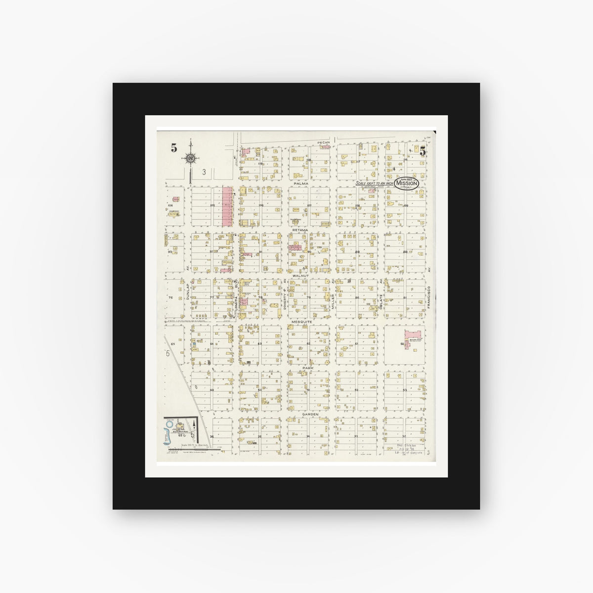 Old map wall art mockup — black gallery frame with white mat — Sanborn Fire Insurance Map from Mission, Hidalgo County, Texas (1925), Sheet #0005