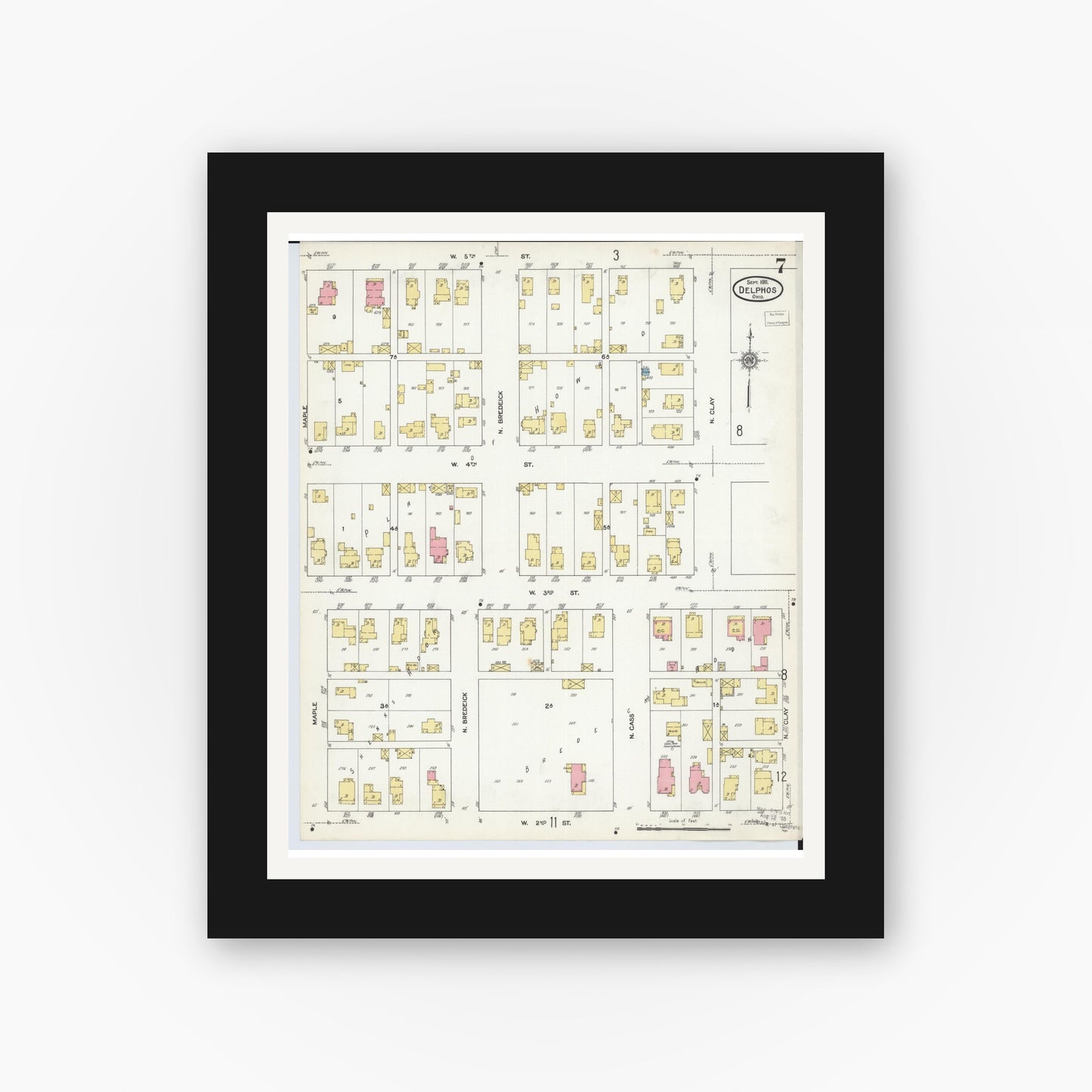 Old map wall art mockup — black gallery frame with white mat — Sanborn Fire Insurance Map from Delphos, Van Wert And Allen Counties, Ohio (1911), Sheet #0007