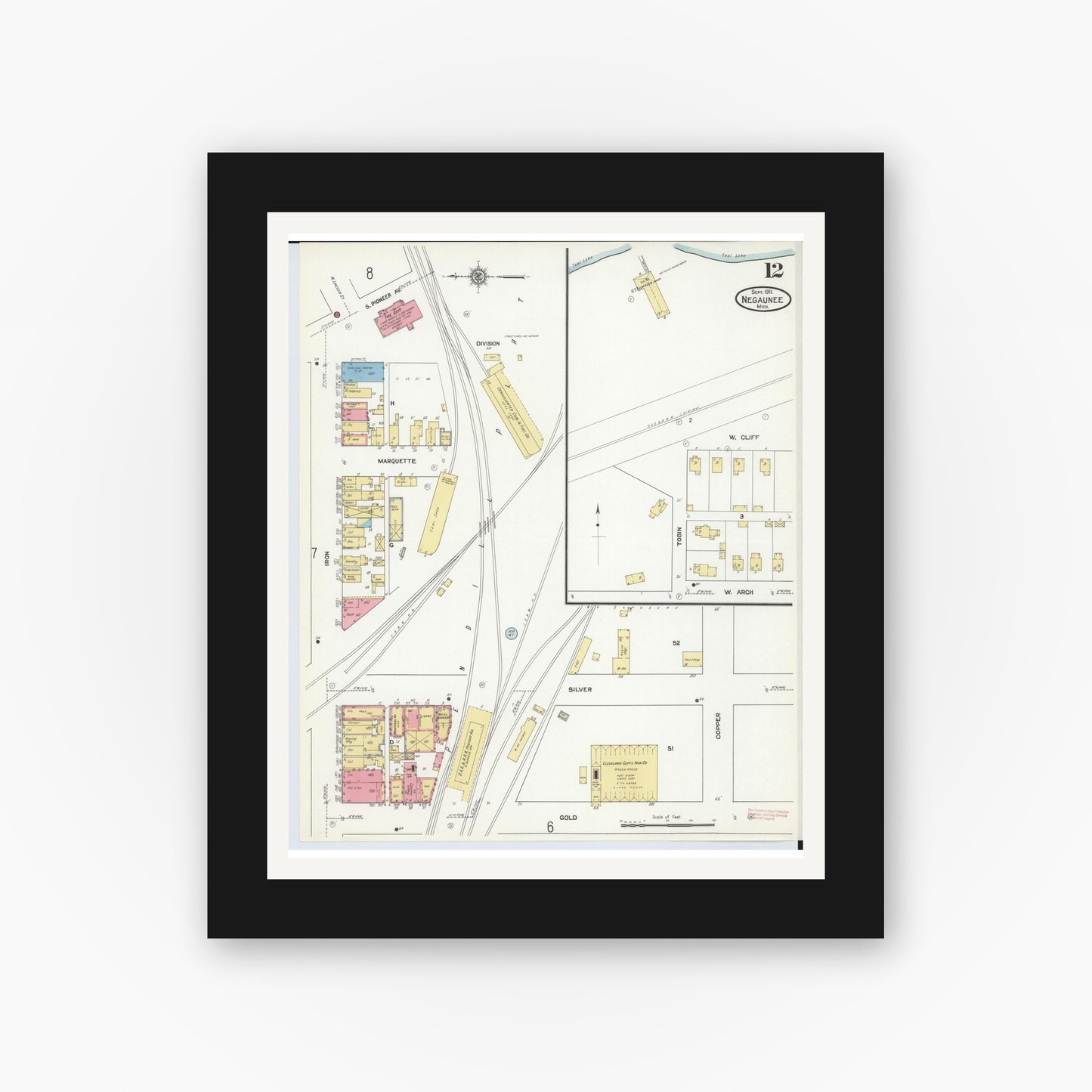Old map wall art mockup — black gallery frame with white mat — Sanborn Fire Insurance Map from Negaunee, Marquette County, Michigan (1911), Sheet #0012