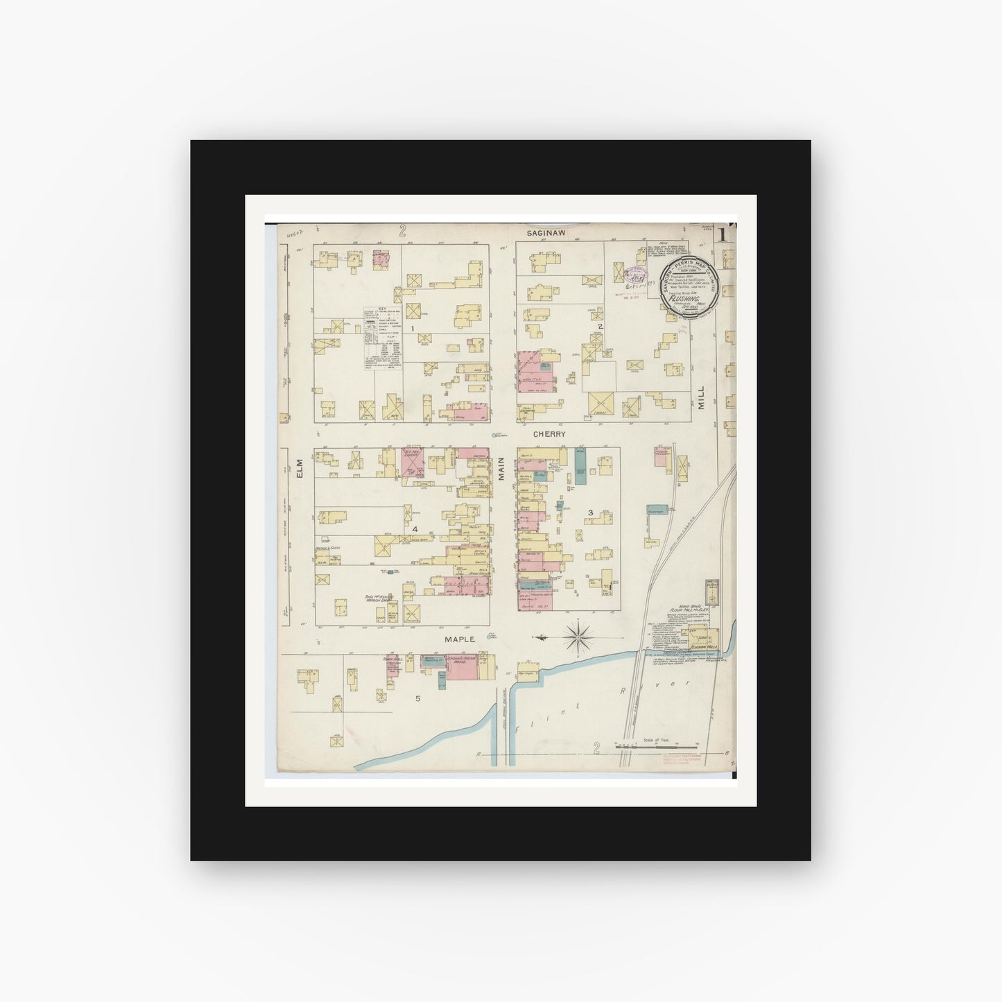Old map wall art mockup — black gallery frame with white mat — Sanborn Fire Insurance Map from Flushing, Genesee County, Michigan (1893) - Complete Map Set