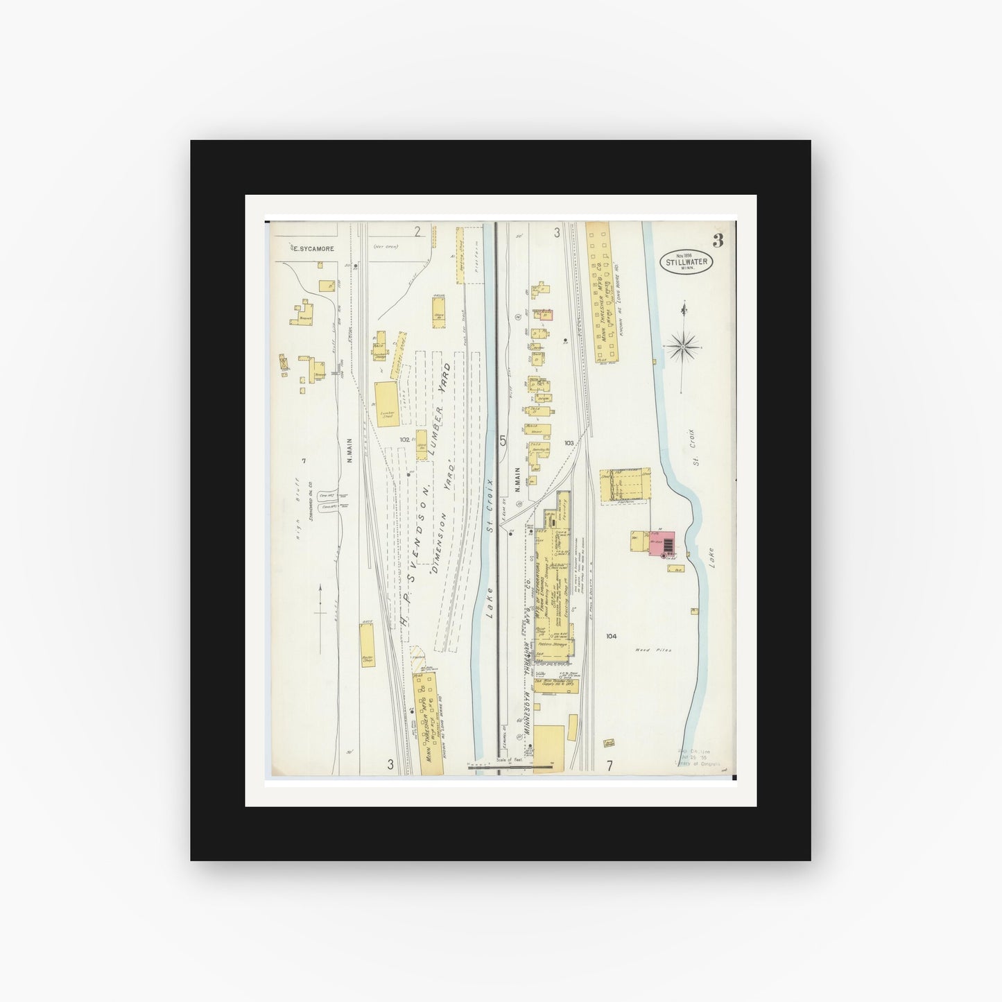 Old map wall art mockup — black gallery frame with white mat — Sanborn Fire Insurance Map from Stillwater, Washington County, Minnesota (1898), Sheet #0003