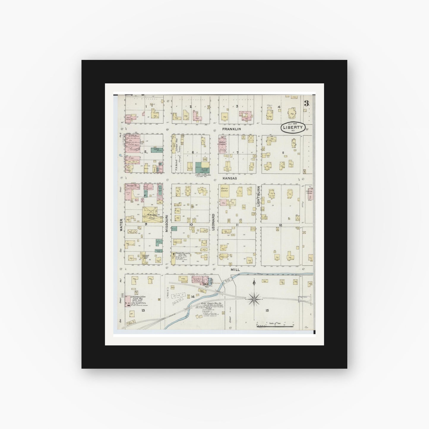 Old map wall art mockup — black gallery frame with white mat — Sanborn Fire Insurance Map from Liberty, Clay County, Missouri (1889), Sheet #0003