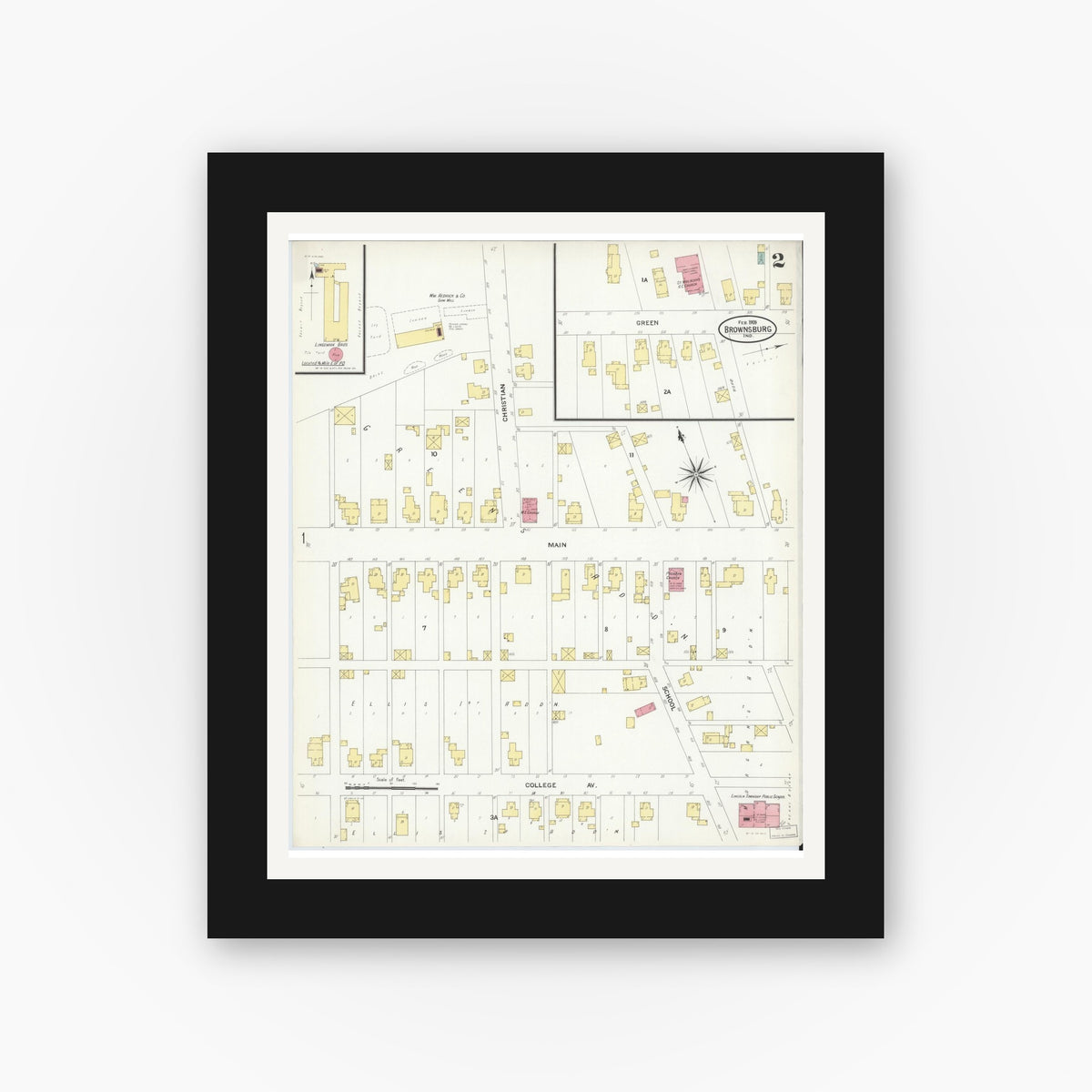 Old map wall art mockup — black gallery frame with white mat — Sanborn Fire Insurance Map from Brownsburg, Hendricks County, Indiana (1909), Sheet #0002