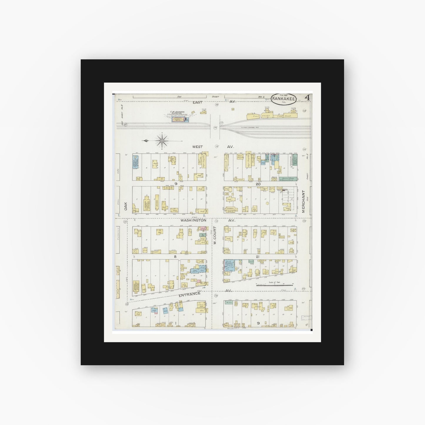 Old map wall art mockup — black gallery frame with white mat — Sanborn Fire Insurance Map from Kankakee, Kankakee County, Illinois (1887), Sheet #0004