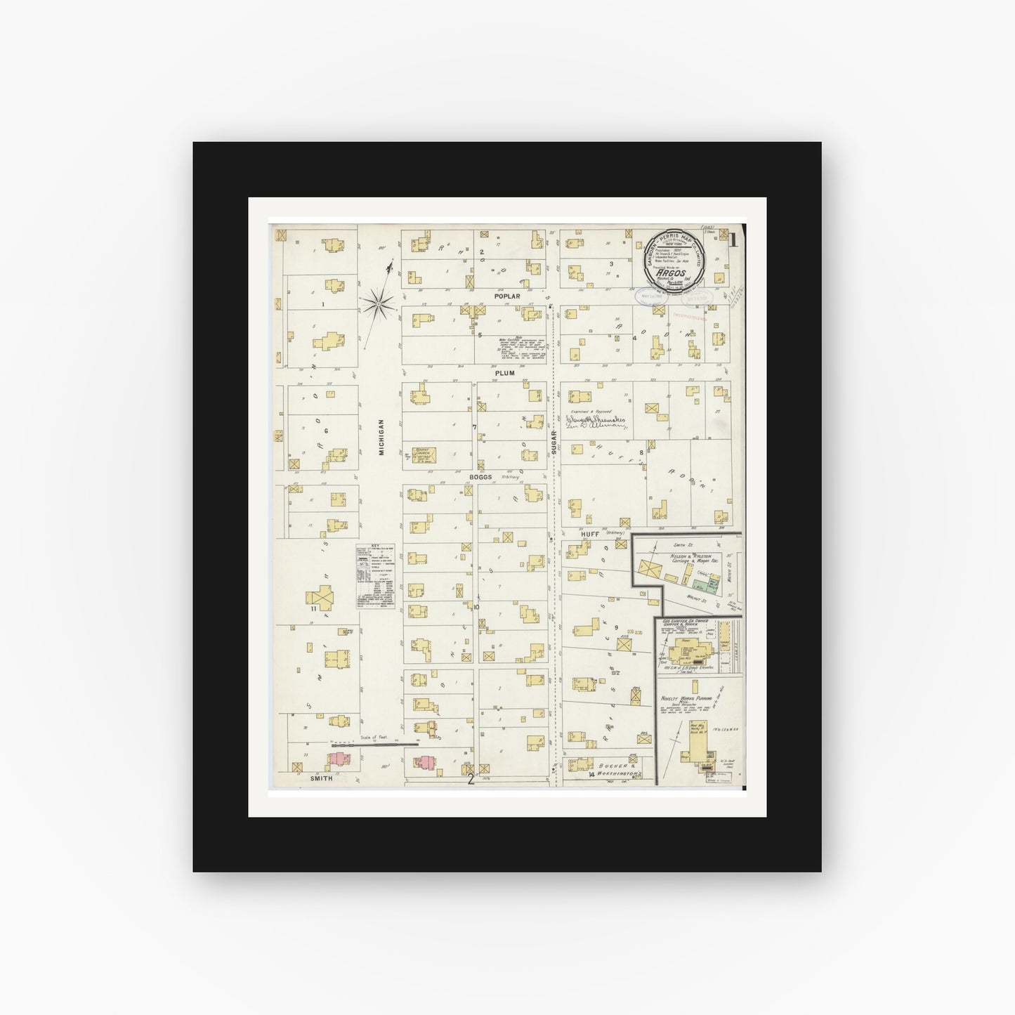 Old map wall art mockup — black gallery frame with white mat — Sanborn Fire Insurance Map from Argos, Marshall County, Indiana (1898), Sheet #0001