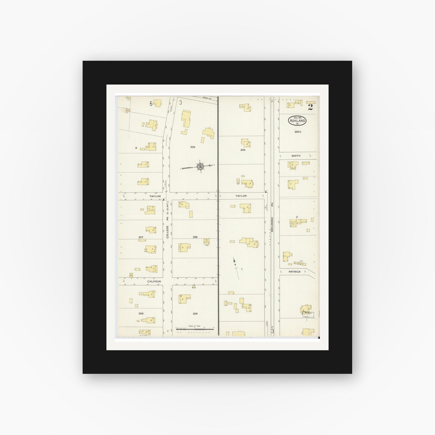 Old map wall art mockup — black gallery frame with white mat — Sanborn Fire Insurance Map from Ashland, Hanover County, Virginia (1913), Sheet #0002
