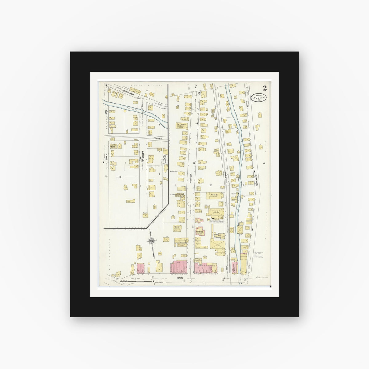Old map wall art mockup — black gallery frame with white mat — Sanborn Fire Insurance Map from Austin, Potter County, Pennsylvania (1911), Sheet #0002