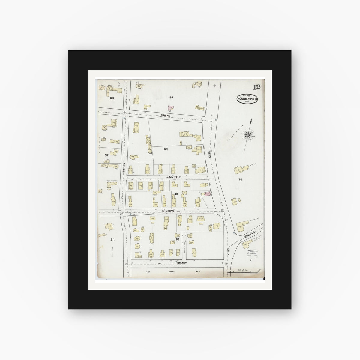 Old map wall art mockup — black gallery frame with white mat — Sanborn Fire Insurance Map from Northampton, Hampshire County, Massachusetts (1889), Sheet #0012