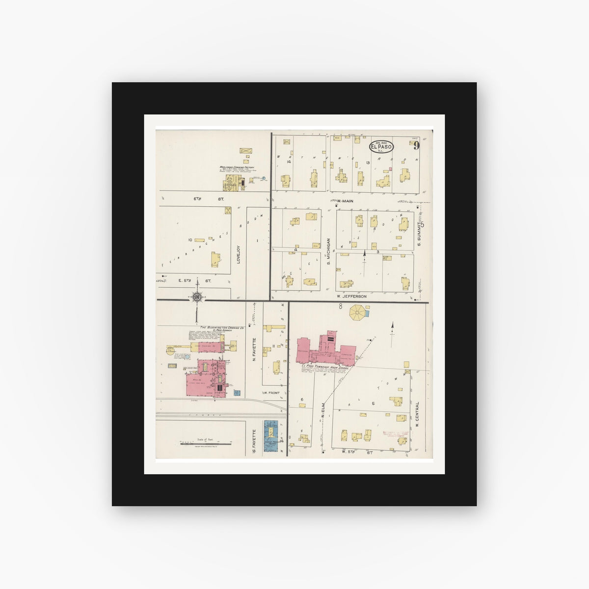 Old map wall art mockup — black gallery frame with white mat — Sanborn Fire Insurance Map from El Paso, Woodford County, Illinois (1922), Sheet #0009