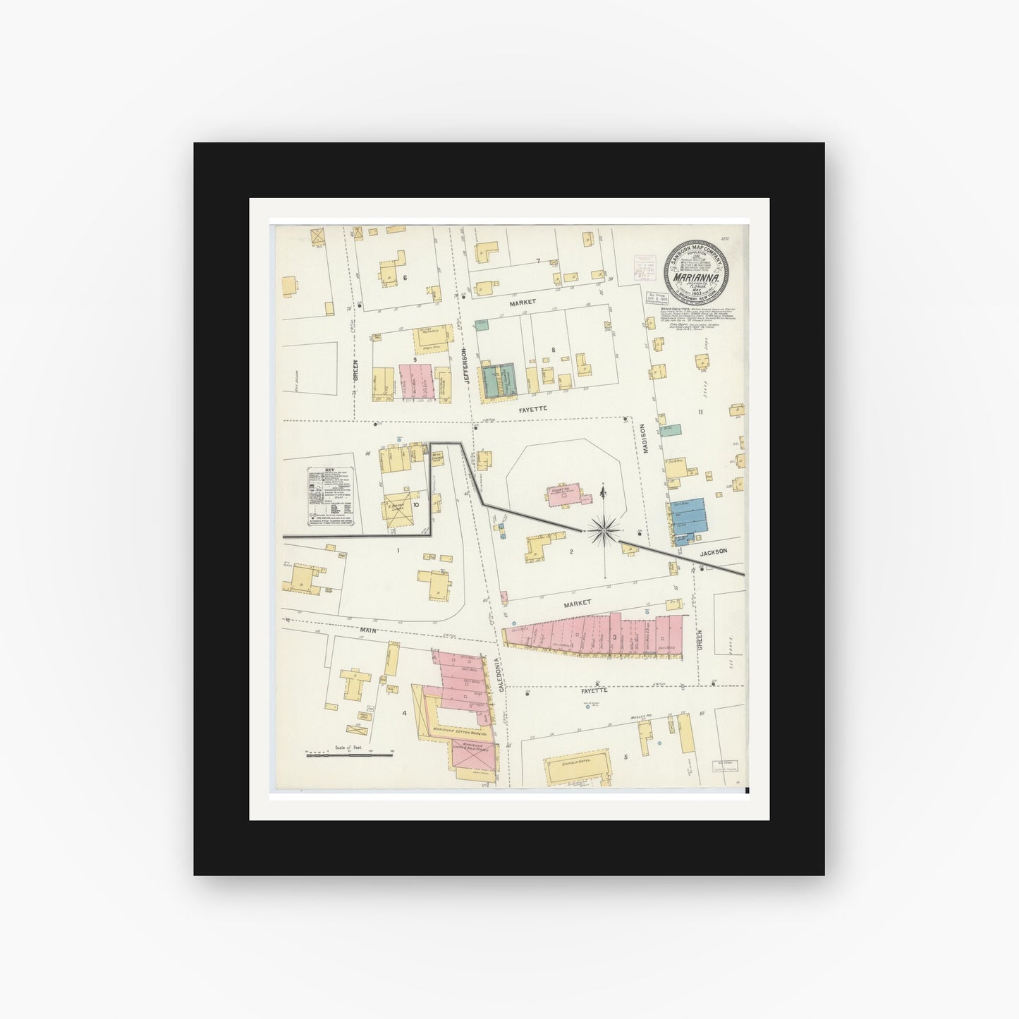 Old map wall art mockup — black gallery frame with white mat — Sanborn Fire Insurance Map from Marianna, Jackson County, Florida (1903), Sheet #0001