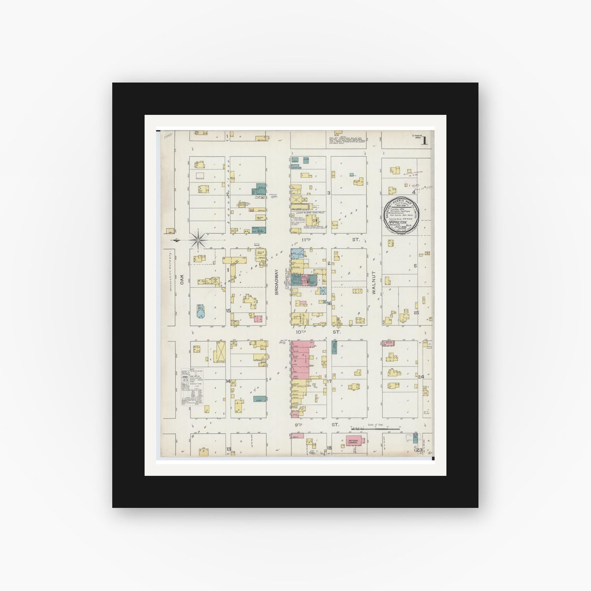 Old map wall art mockup — black gallery frame with white mat — Sanborn Fire Insurance Map from Hamilton, Hancock County, Illinois (1893), Sheet #0001