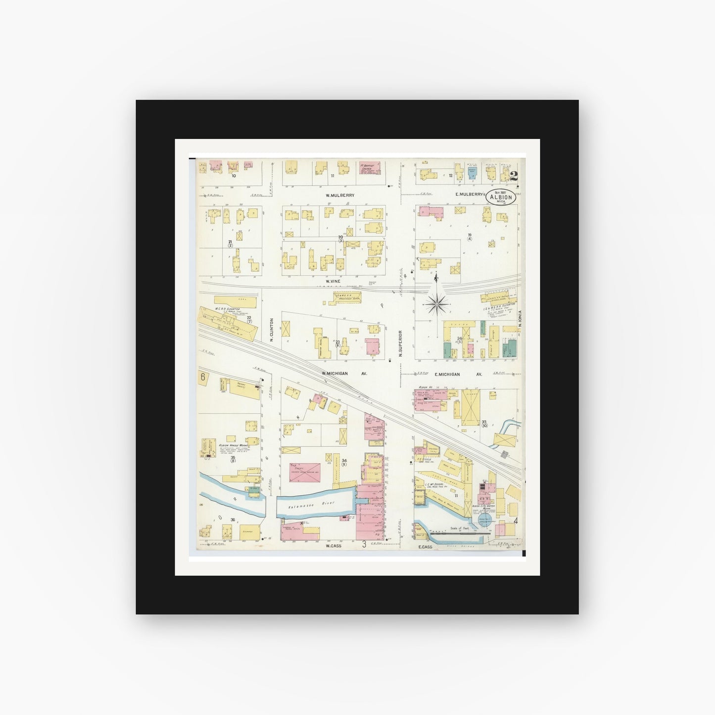 Old map wall art mockup — black gallery frame with white mat — Sanborn Fire Insurance Map from Albion, Calhoun County, Michigan (1907), Sheet #0002